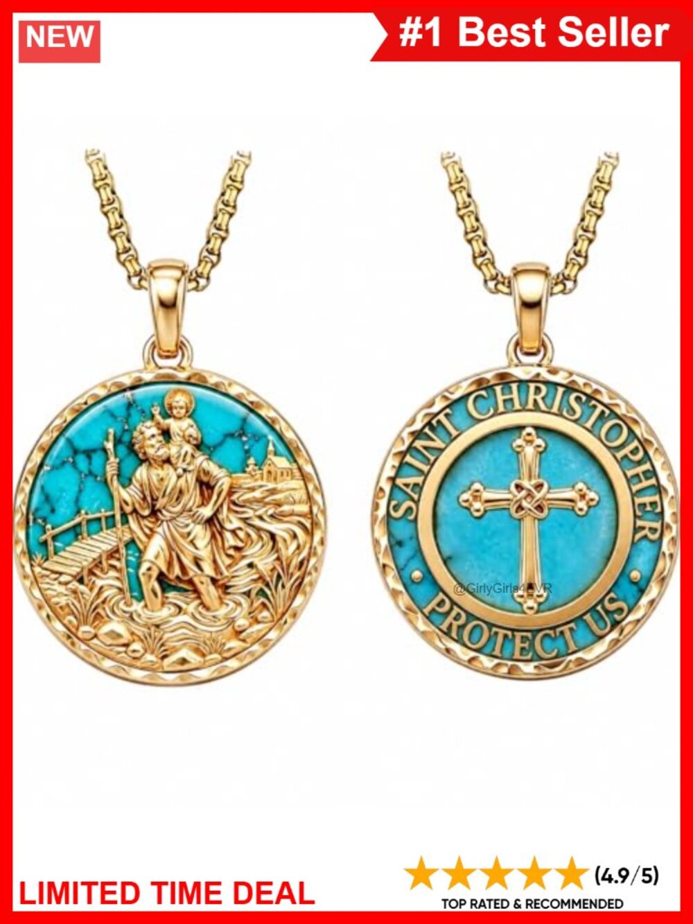 14K Gold Plated Turquoise Saint Christopher Pendant Necklace 28mm